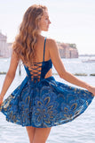 Sparkly Floral Blue Corset A-Line Short Homecoming Dress