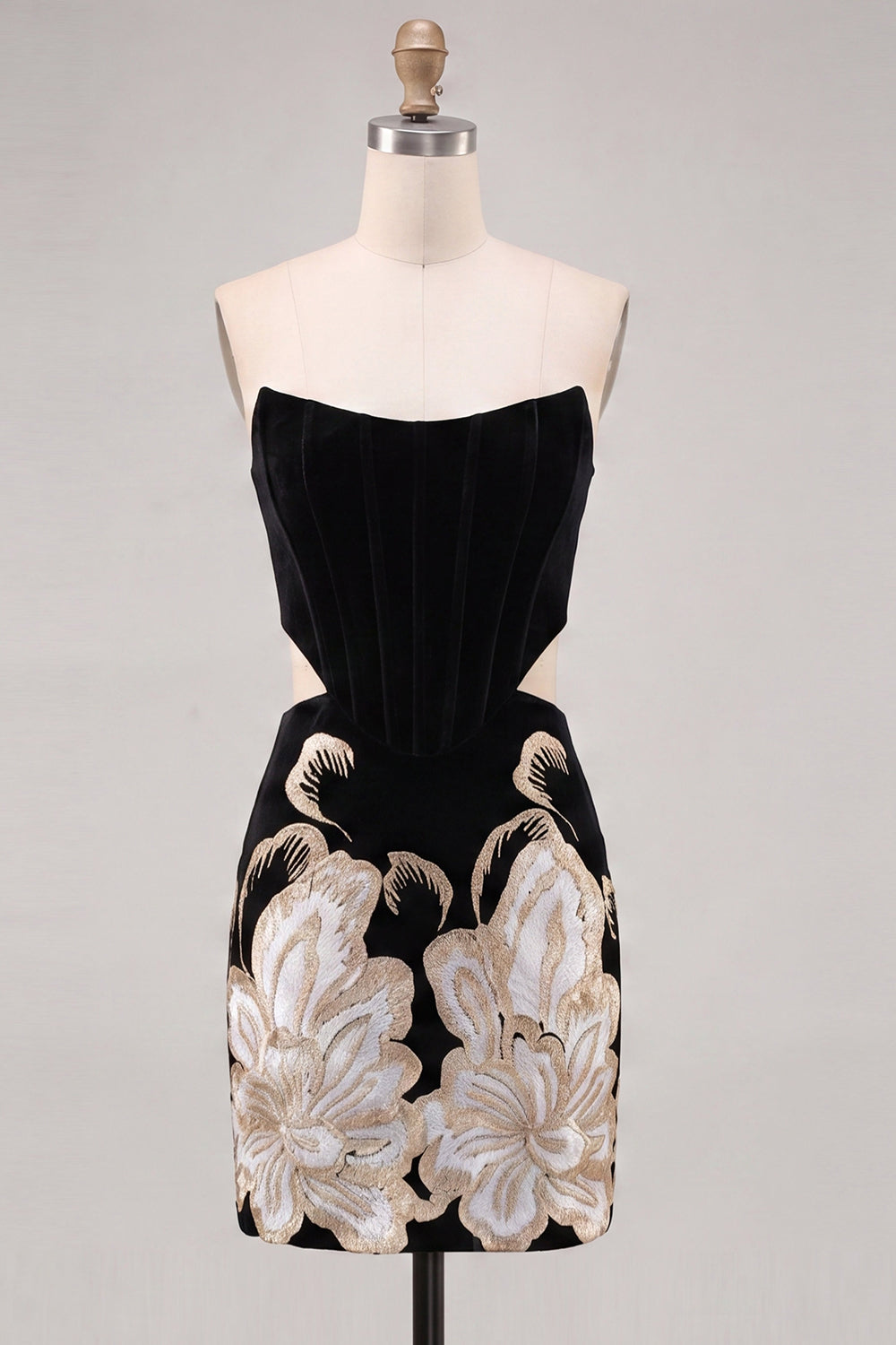 Floral Velvet Black Corset Strapless Cut Out Tight Short Homecoming Dress