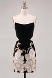 Floral Velvet Black Corset Strapless Cut Out Tight Short Homecoming Dress