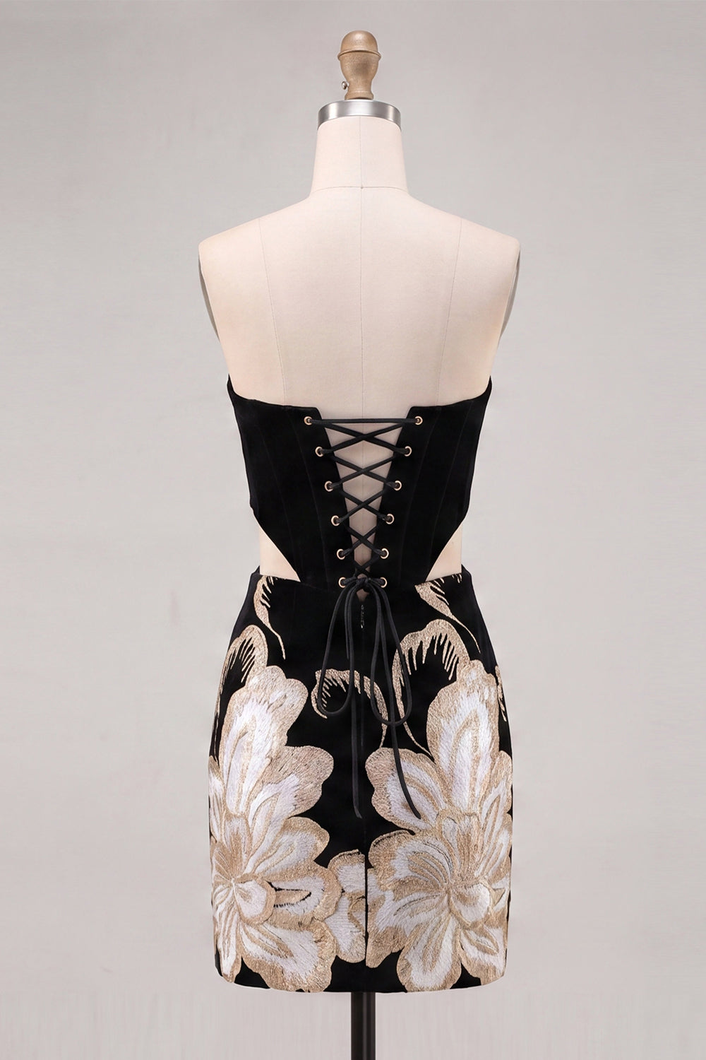 Floral Velvet Black Corset Strapless Cut Out Tight Short Homecoming Dress