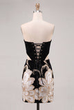 Floral Velvet Black Corset Strapless Cut Out Tight Short Homecoming Dress