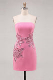 Sparkly Red Floral Strapless Tight Short Beaded Homecoming Dress