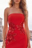 Sparkly Red Floral Strapless Tight Short Beaded Homecoming Dress