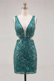 Sparkly Gold V-Neck Tight Short Sequin Homecoming Dress