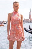 Sparkly Orange Floral Sequin Tight Short Homecoming Dress