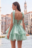 Light Green Tiered Ruffled Short A-Line Beaded Homecoming Dress