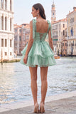 Light Green Tiered Ruffled Short A-Line Beaded Homecoming Dress