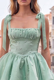 Light Green Tiered Ruffled Short A-Line Beaded Homecoming Dress
