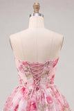 Floral Yellow Sweetheart A Line Short Homecoming Dress with Bow