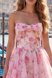 Floral Yellow Sweetheart A Line Short Homecoming Dress with Bow