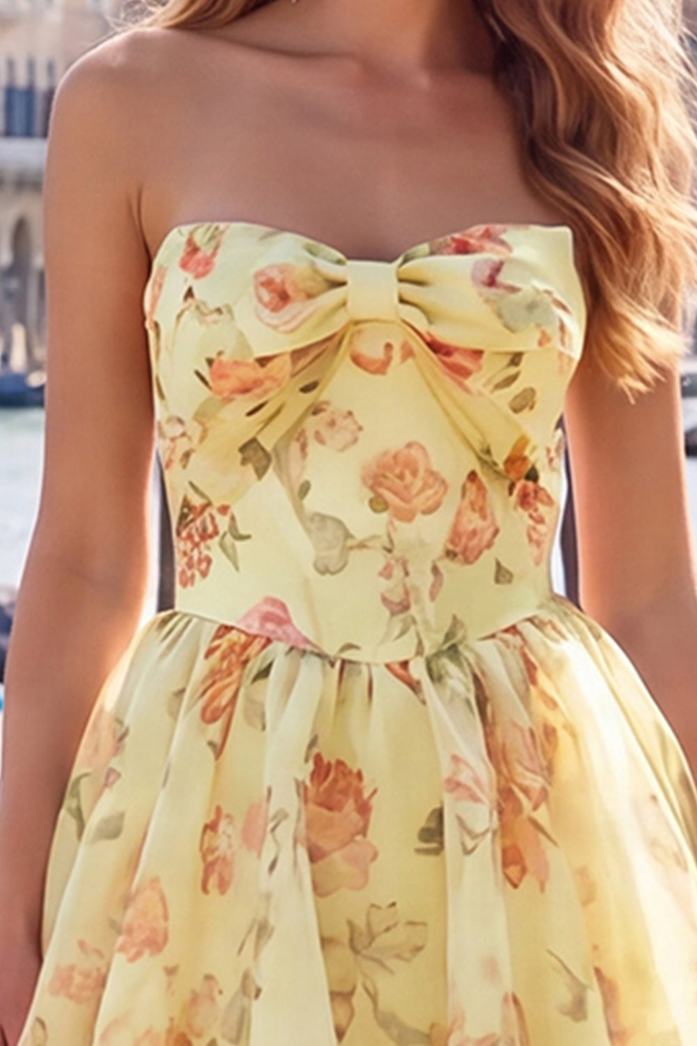 Floral Yellow Sweetheart A Line Short Homecoming Dress with Bow