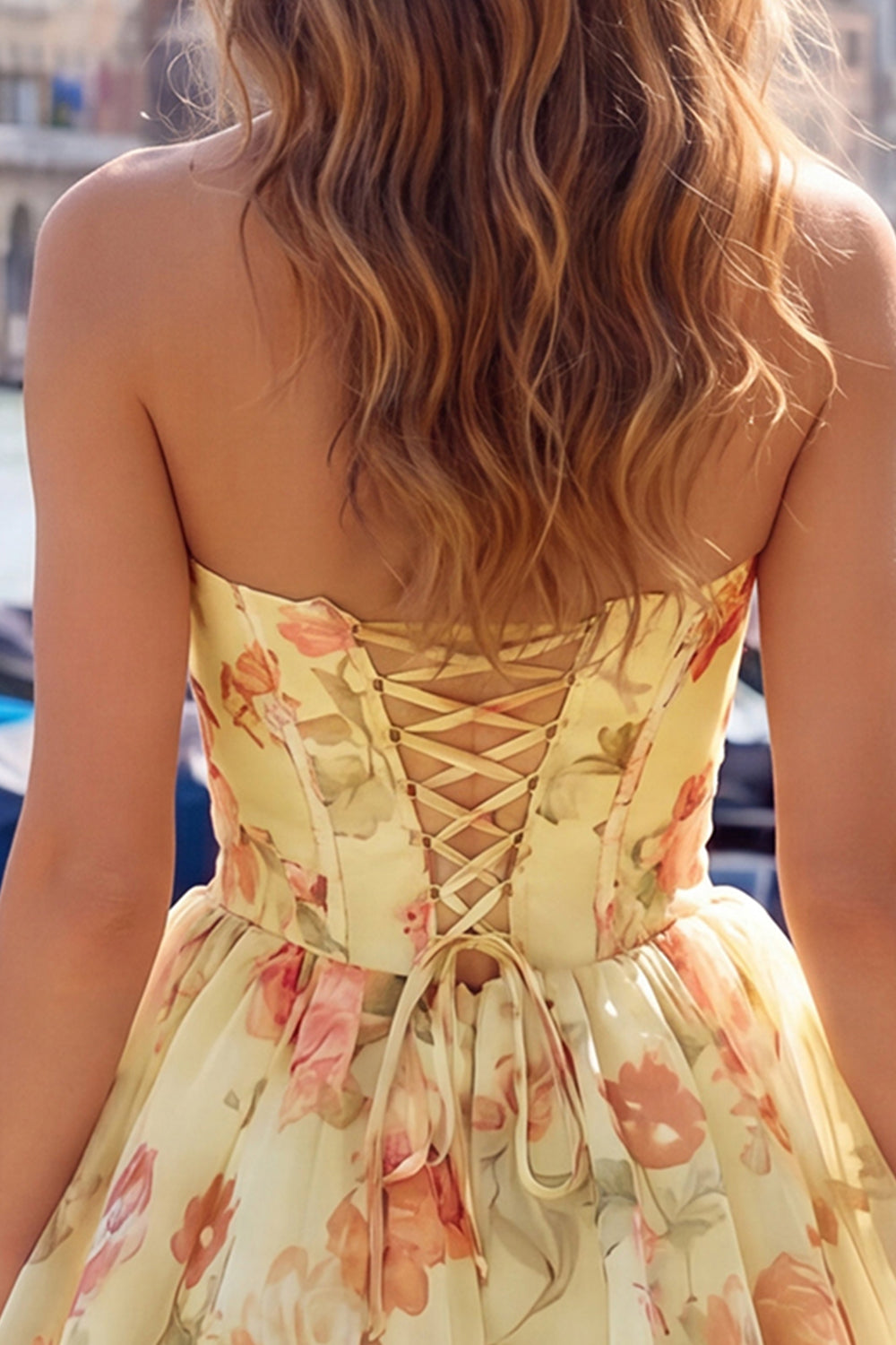 Floral Yellow Sweetheart A Line Short Homecoming Dress with Bow