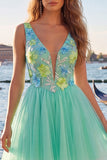 Mint Green Floral V-Neck A-Line Short Homecoming Dress