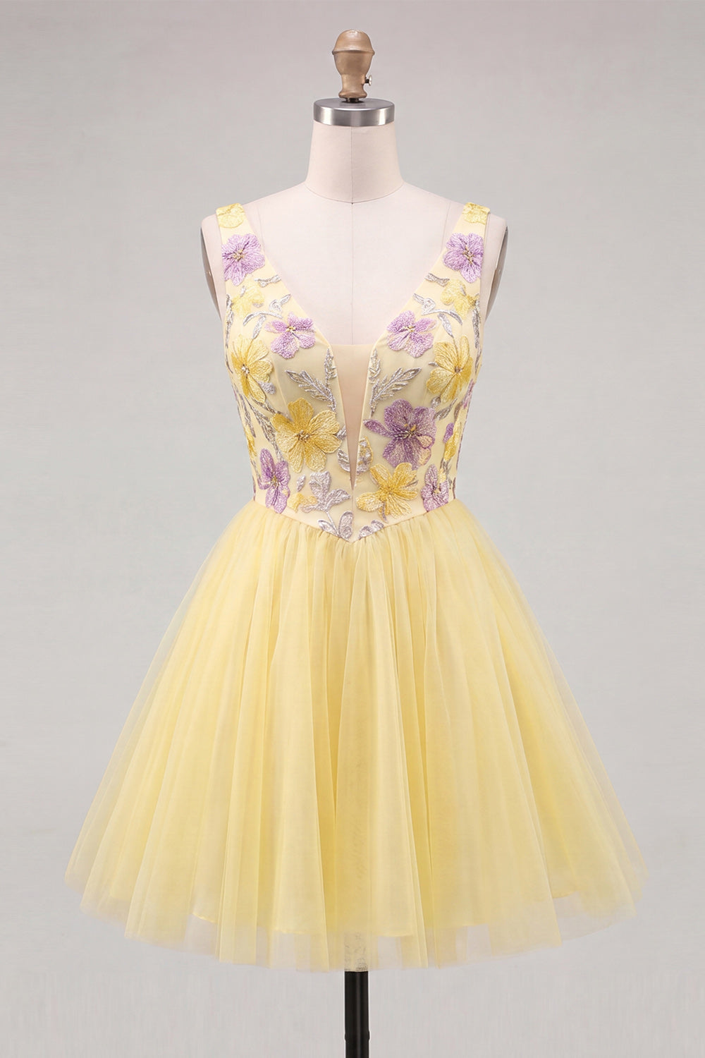 Mint Green Floral V-Neck A-Line Short Homecoming Dress