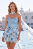 Sparkly Floral Light Blue Corset Sweetheart Short Beaded Homecoming Dress