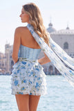 Sparkly Floral Light Blue Corset Sweetheart Short Beaded Homecoming Dress