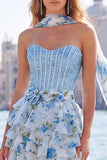 Sparkly Floral Light Blue Corset Sweetheart Short Beaded Homecoming Dress