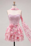 Sparkly Floral Light Blue Corset Sweetheart Short Beaded Homecoming Dress