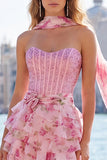 Sparkly Floral Light Blue Corset Sweetheart Short Beaded Homecoming Dress