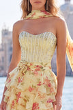 Sparkly Floral Light Blue Corset Sweetheart Short Beaded Homecoming Dress