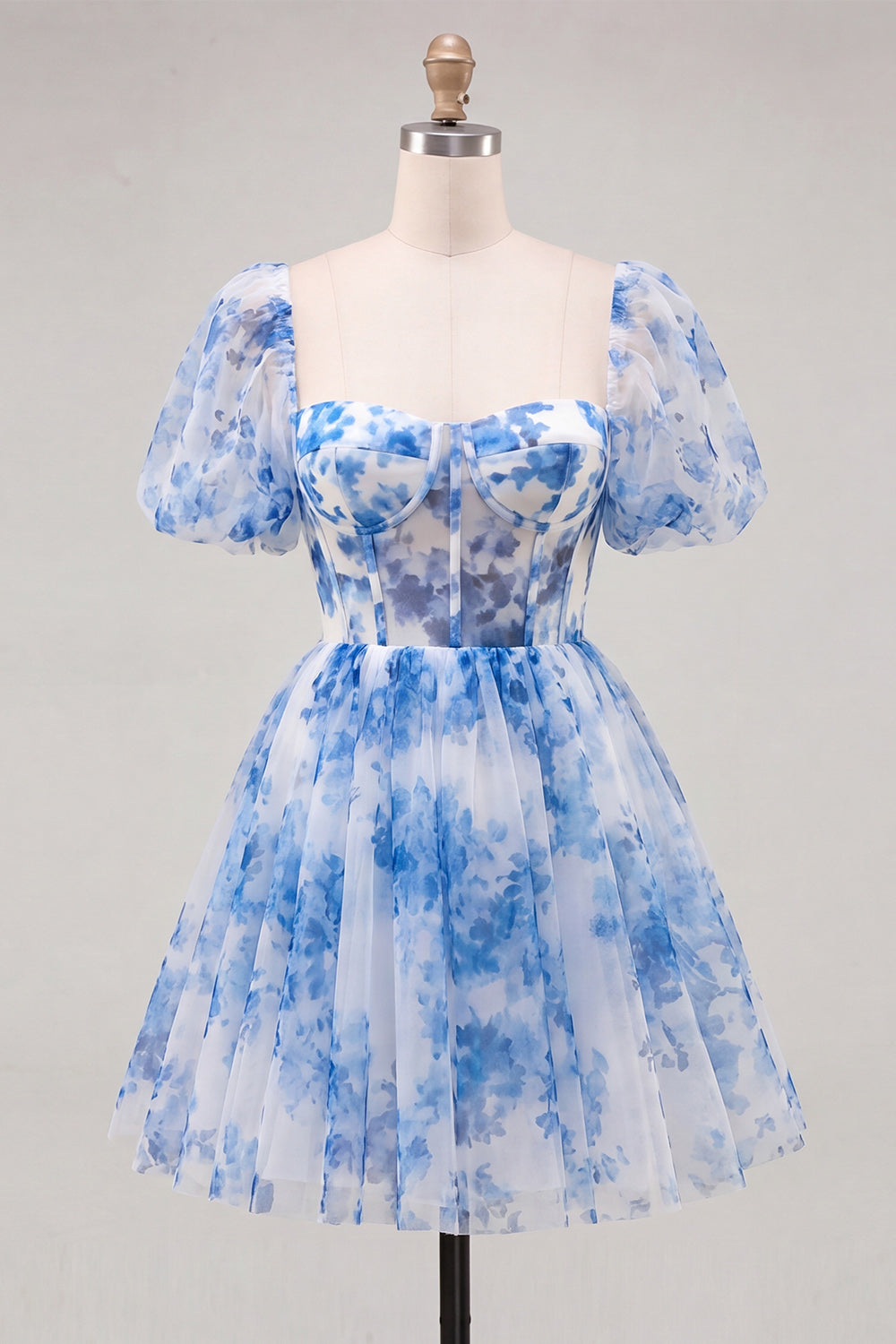 Corset Floral Lilac Square Neck Short Homecoming Dress with Sleeves