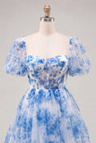 Corset Floral Lilac Square Neck Short Homecoming Dress with Sleeves