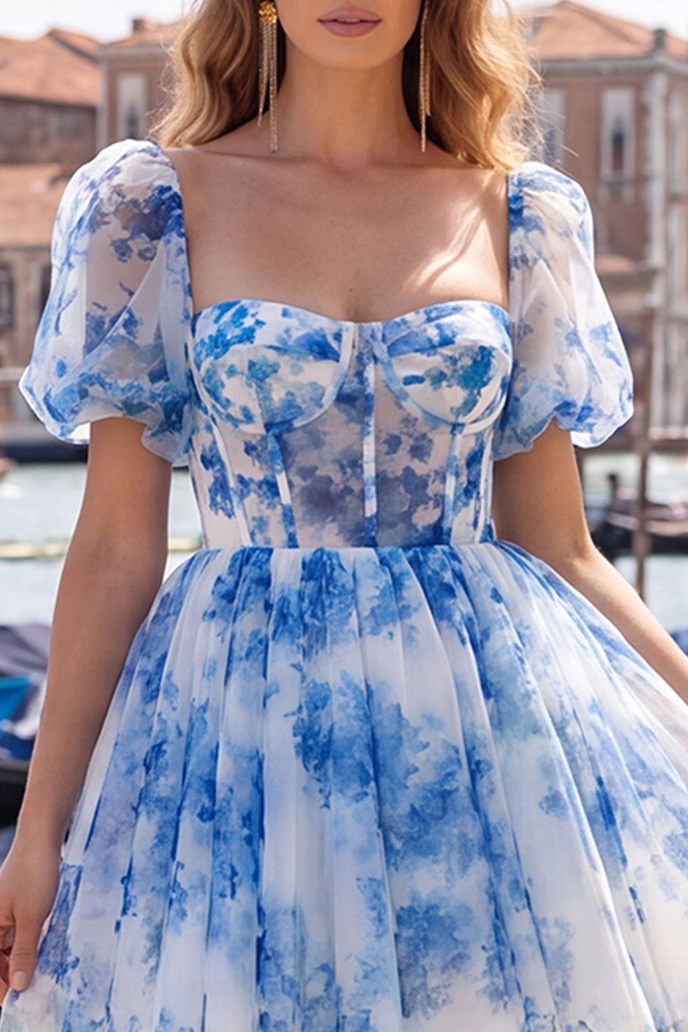 Corset Floral Lilac Square Neck Short Homecoming Dress with Sleeves