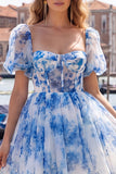 Corset Floral Lilac Square Neck Short Homecoming Dress with Sleeves