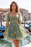 Corset Floral Lilac Square Neck Short Homecoming Dress with Sleeves