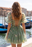 Corset Floral Lilac Square Neck Short Homecoming Dress with Sleeves