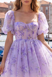 Corset Floral Lilac Square Neck Short Homecoming Dress with Sleeves