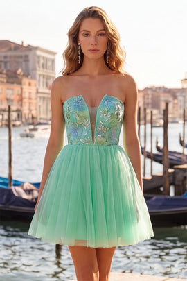 Floral Mint Green Tulle A-Line Short Homecoming Dress