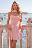 Yellow Pleated Sweetheart A-Line Short Homecoming Dress with Neck Scarf