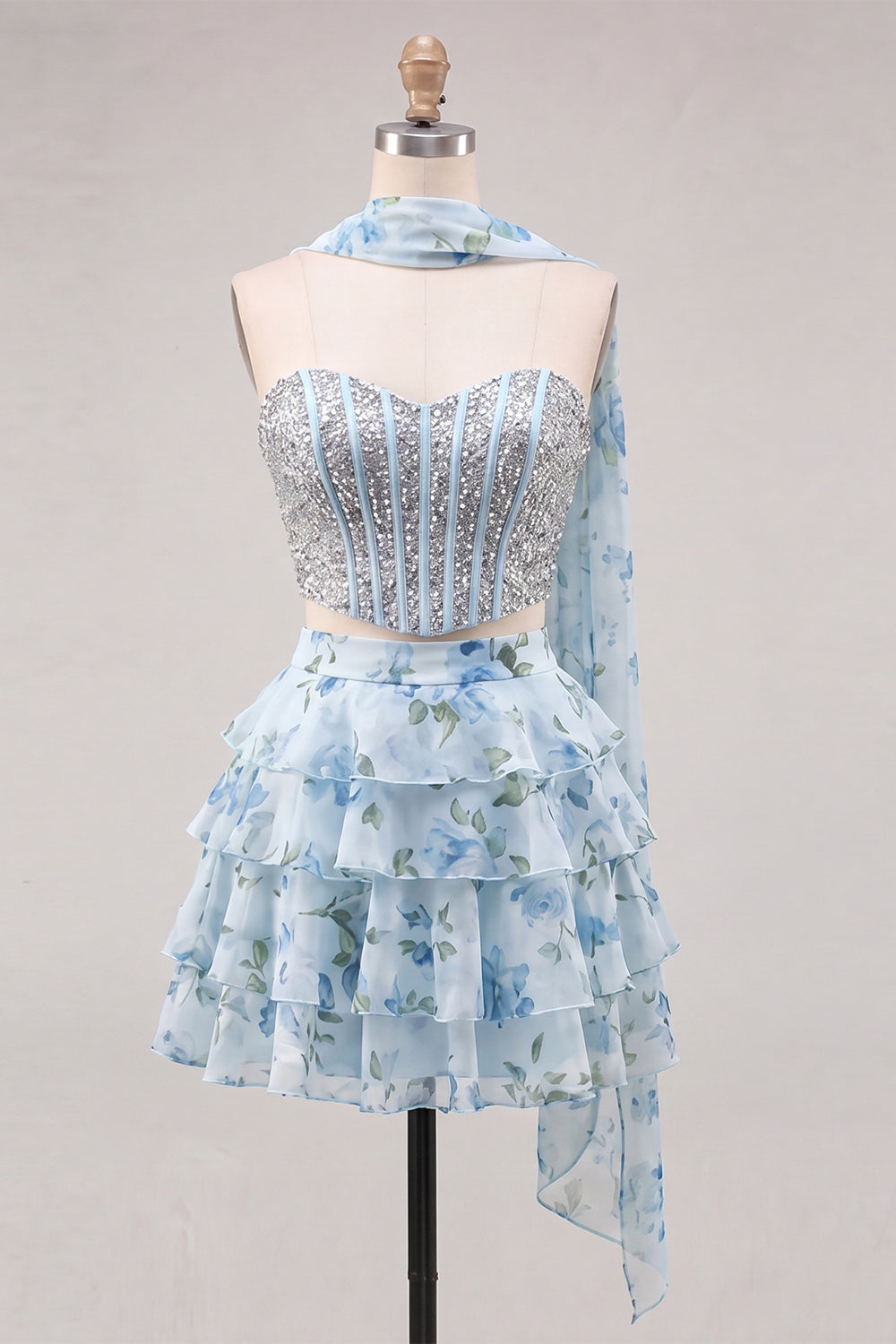 Sparkly Floral Yellow Corset Short A Line Homecoming Dress with Neck Scarf