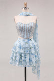 Sparkly Floral Yellow Corset Short A Line Homecoming Dress with Neck Scarf