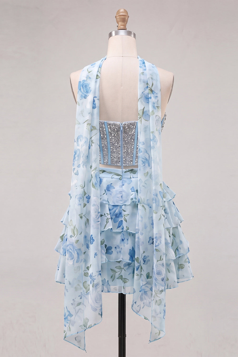 Sparkly Floral Yellow Corset Short A Line Homecoming Dress with Neck Scarf