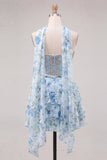 Sparkly Floral Yellow Corset Short A Line Homecoming Dress with Neck Scarf