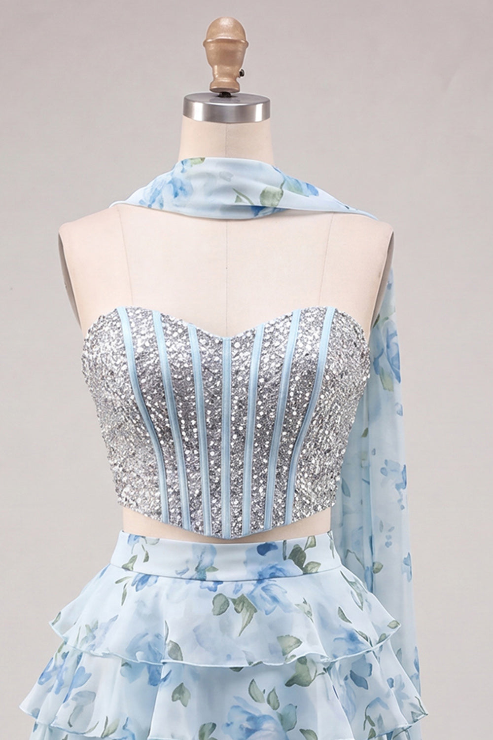 Sparkly Floral Yellow Corset Short A Line Homecoming Dress with Neck Scarf
