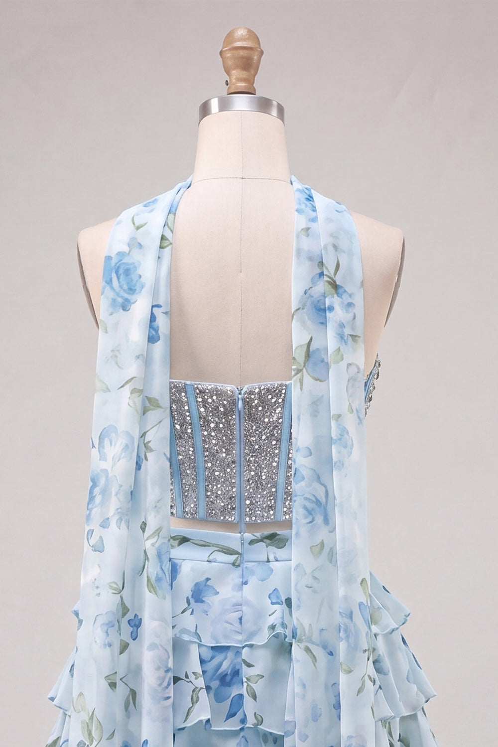 Sparkly Floral Yellow Corset Short A Line Homecoming Dress with Neck Scarf