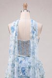 Sparkly Floral Yellow Corset Short A Line Homecoming Dress with Neck Scarf