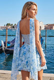 Sparkly Floral Yellow Corset Short A Line Homecoming Dress with Neck Scarf