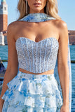 Sparkly Floral Yellow Corset Short A Line Homecoming Dress with Neck Scarf