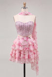 Sparkly Floral Yellow Corset Short A Line Homecoming Dress with Neck Scarf