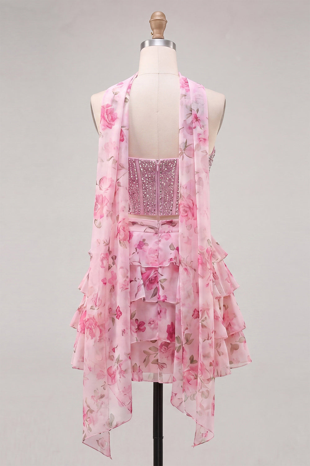 Sparkly Floral Yellow Corset Short A Line Homecoming Dress with Neck Scarf