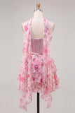 Sparkly Floral Yellow Corset Short A Line Homecoming Dress with Neck Scarf