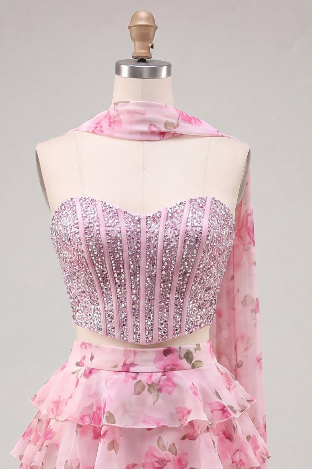 Sparkly Floral Yellow Corset Short A Line Homecoming Dress with Neck Scarf