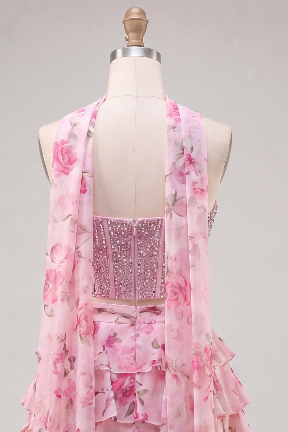 Sparkly Floral Yellow Corset Short A Line Homecoming Dress with Neck Scarf