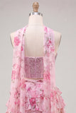 Sparkly Floral Yellow Corset Short A Line Homecoming Dress with Neck Scarf