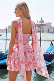 Sparkly Floral Yellow Corset Short A Line Homecoming Dress with Neck Scarf