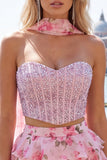 Sparkly Floral Yellow Corset Short A Line Homecoming Dress with Neck Scarf